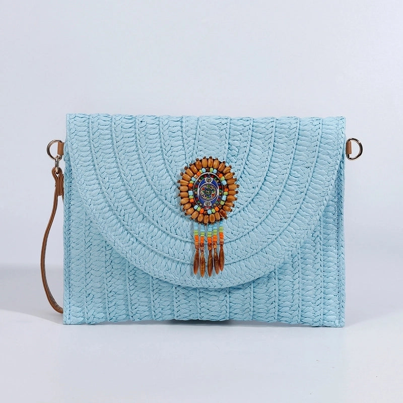 Orange Green Beige Straw Geometric Square Evening Bags
