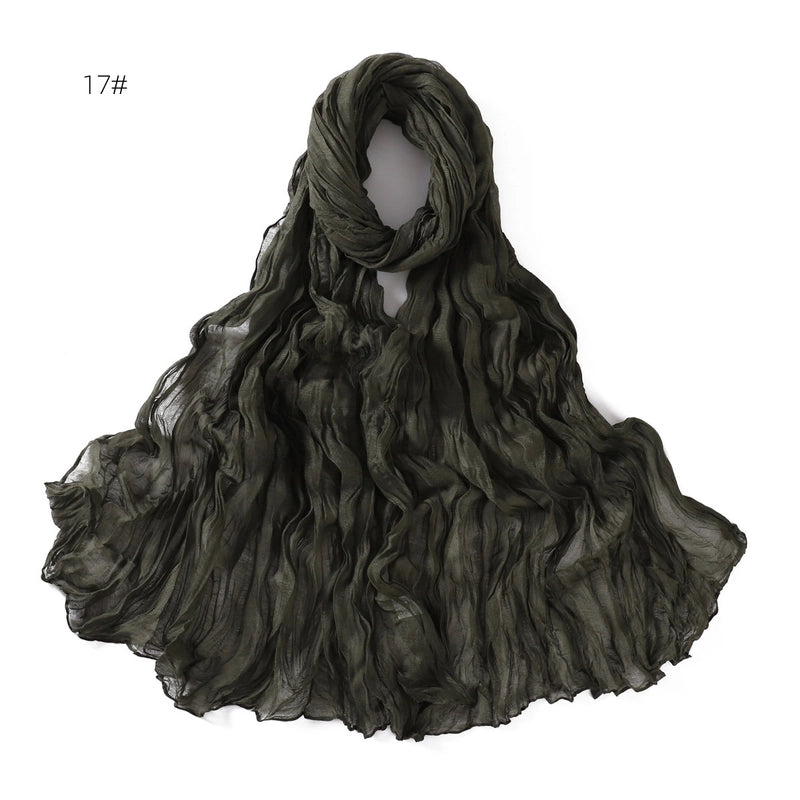 Spring And Autumn Pure Color Silk Yarn Twist Wrinkle Cotton And Linen Breathable Thin Scarf Female Cover Scarf In Stock