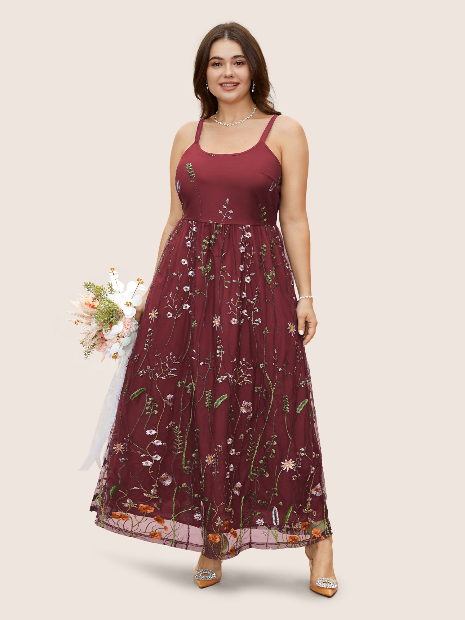 U Neck Floral Embroidered Mesh Cami Dress