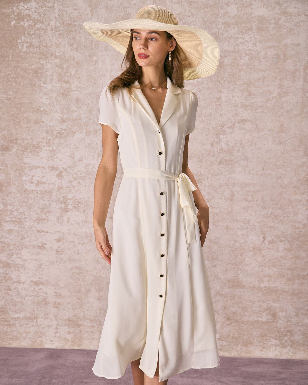 The Beige Lapel Collar Belted Shirt Midi Dress