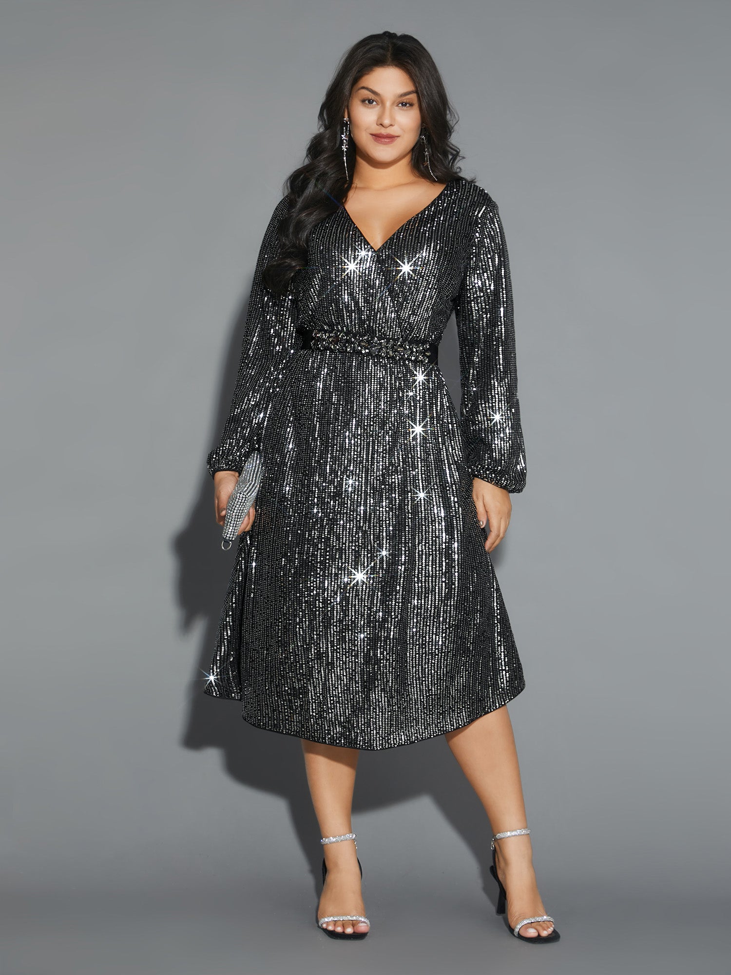 Solid Pocket Lantern Sleeve Wrap Sequin Dress