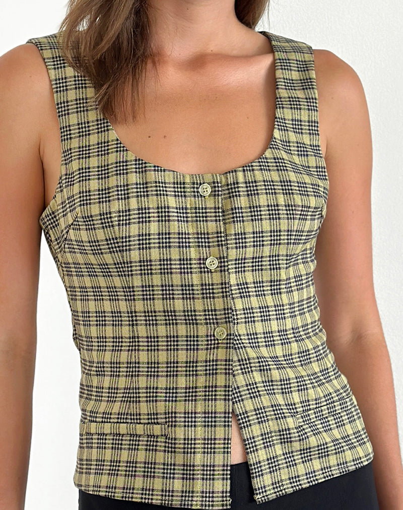 Ganita Button Through Vest Top in Yellow Check