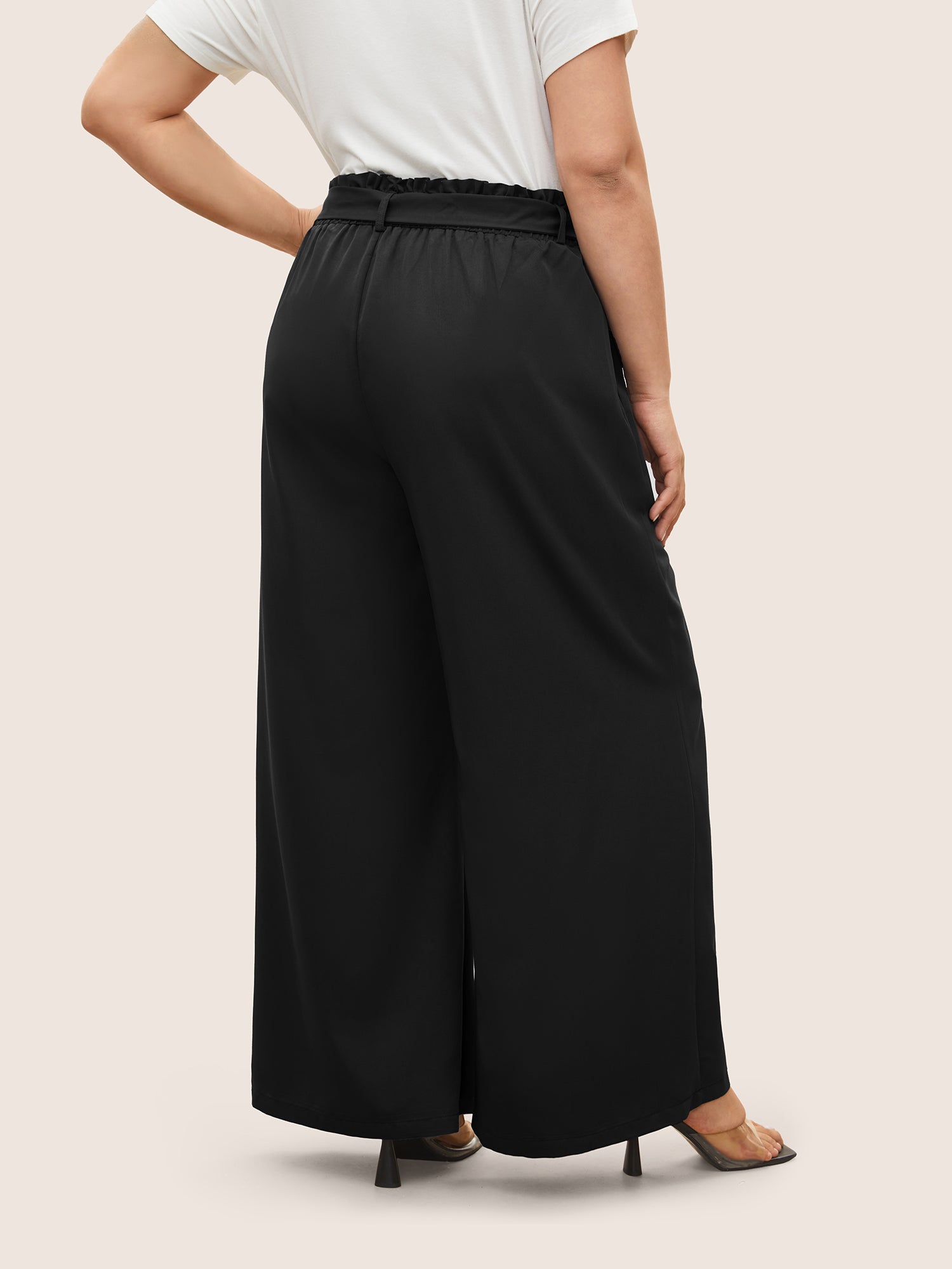 Plain Paperbag Waist Belted Wide Leg Pants