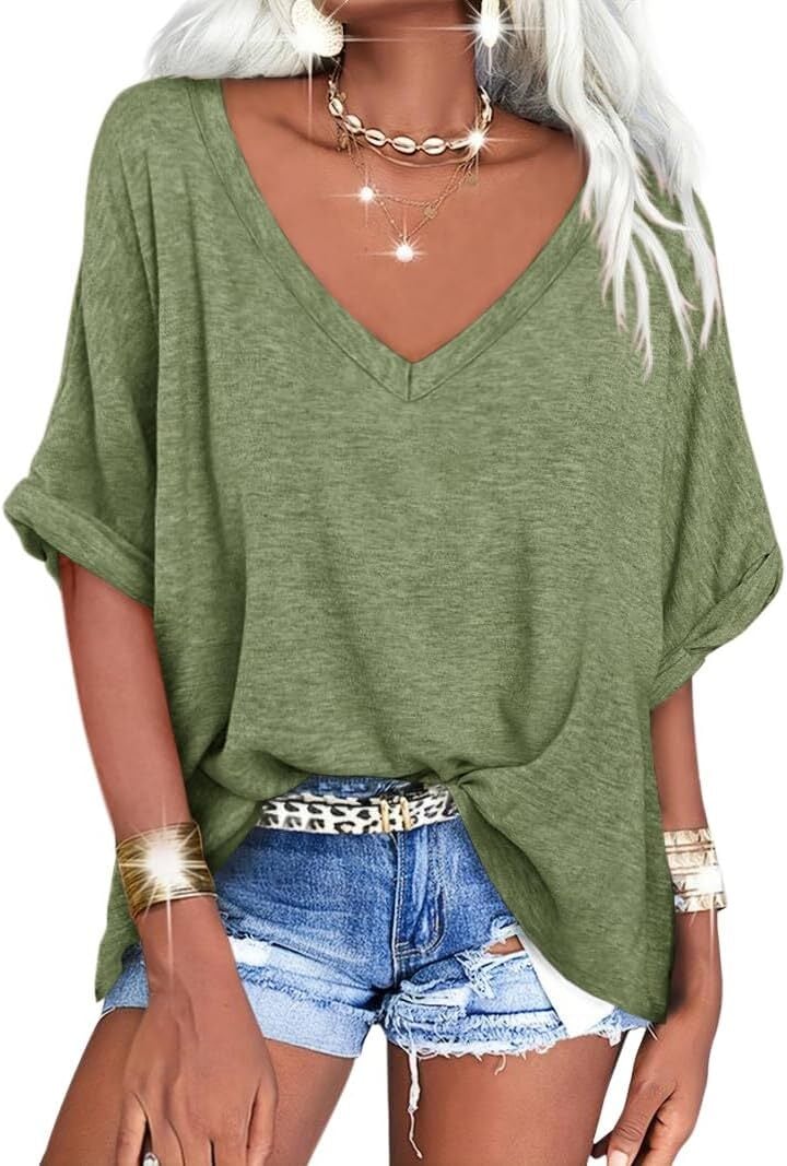 🔥PROMOTION LAST DAY🔥Women's Summer Tops Oversized Tshirts Half Sleeve Loose Fit V Neck Casual Blouse Tee