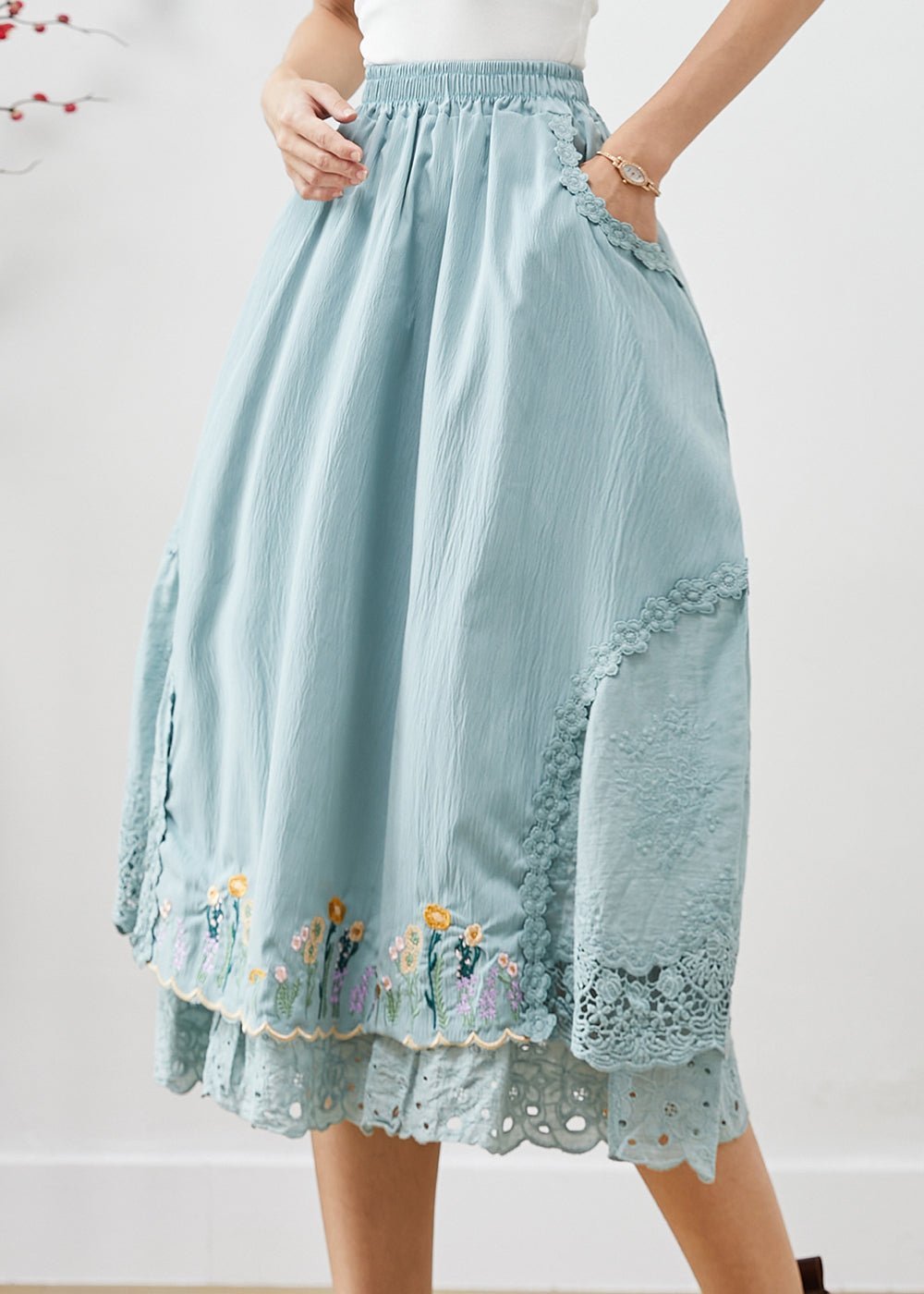 Natural Sky Blue Embroideried Patchwork Cotton Skirt Spring