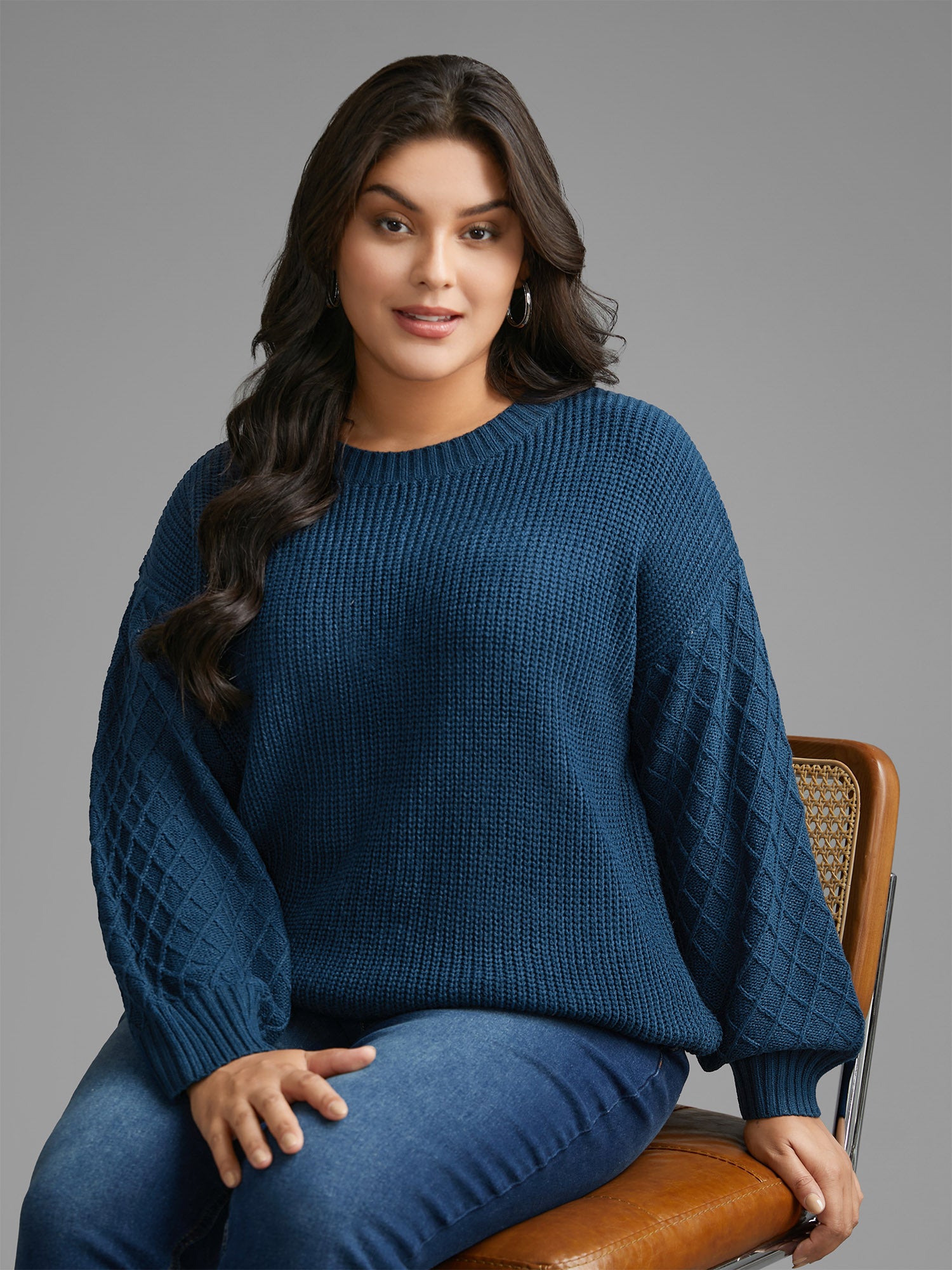 Cable Knit Texture Lantern Sleeve Pullover