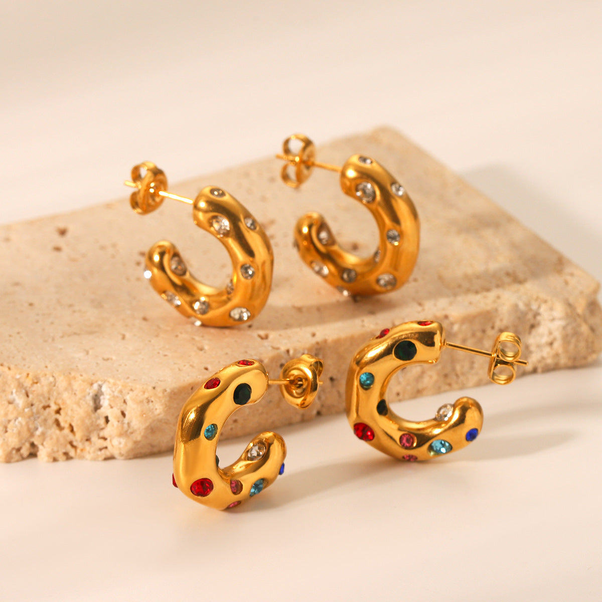Special-Shaped 18K Gold Stainless Steel Earrings With Zircon C-Shaped Earrings For Women Titanium Steel Earrings