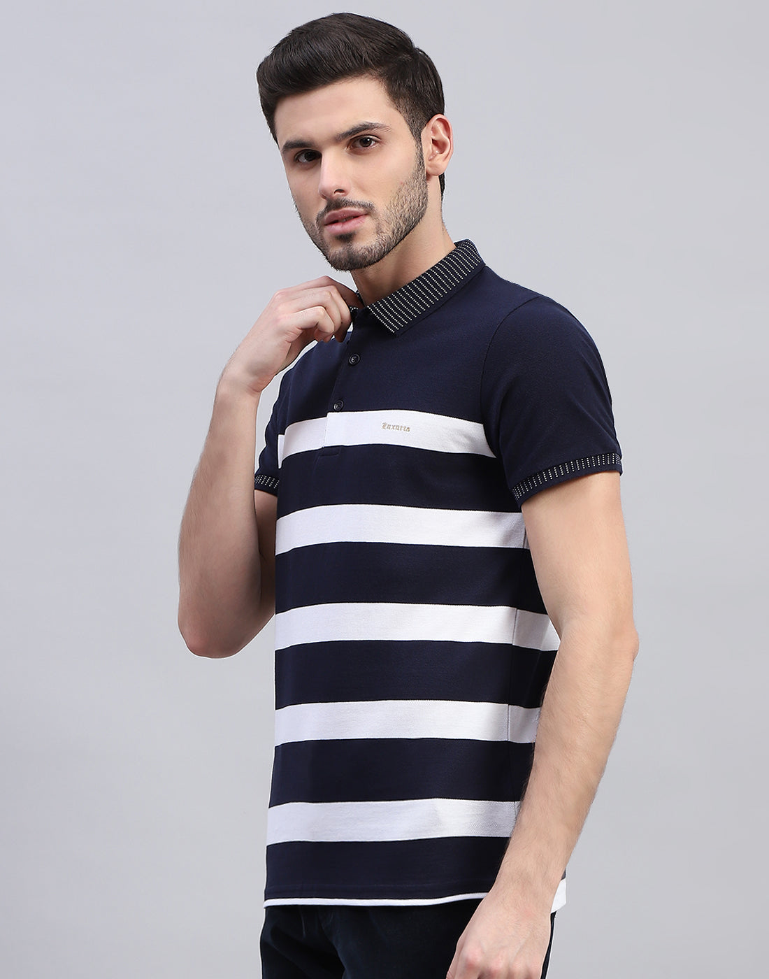 Men Navy Blue Stripe Polo Collar Half Sleeve T-Shirt