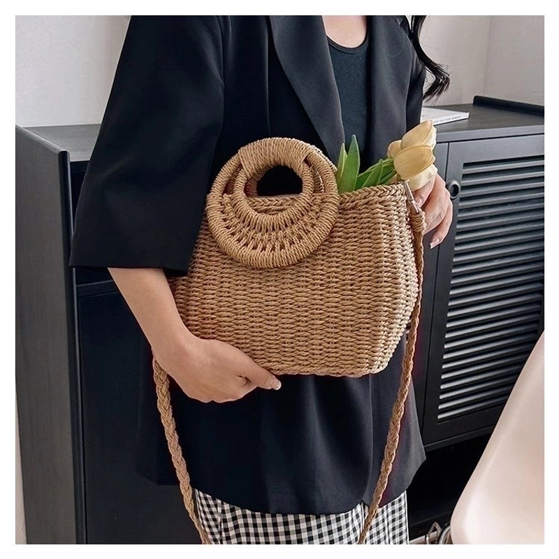 Women's Straw Solid Color Vacation Square String Handbag