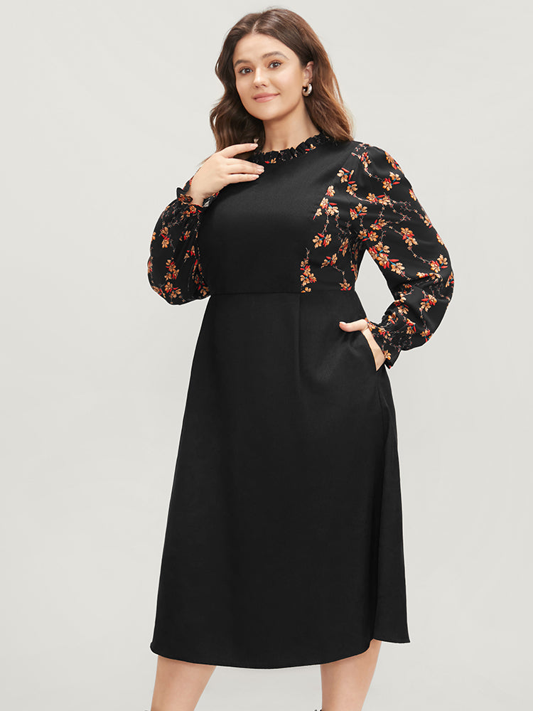 Floral Patchwork Ruffle Trim Pocket Zipper Dress