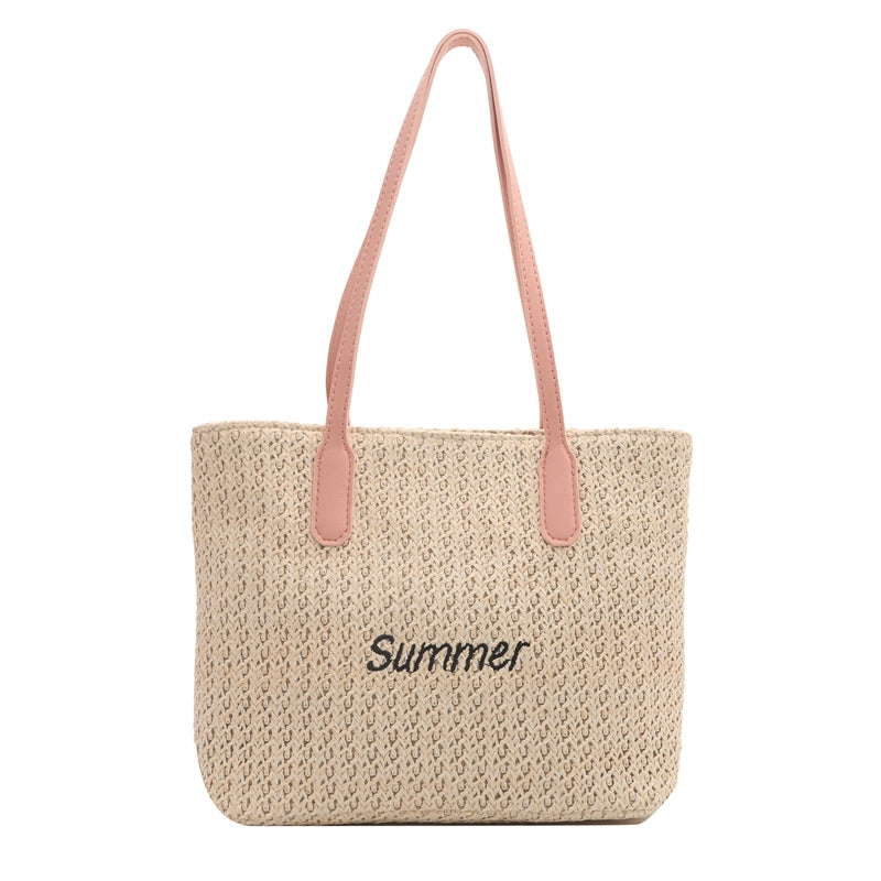 Women's Medium Straw Letter Vacation Beach Weave Zipper Straw Bag
