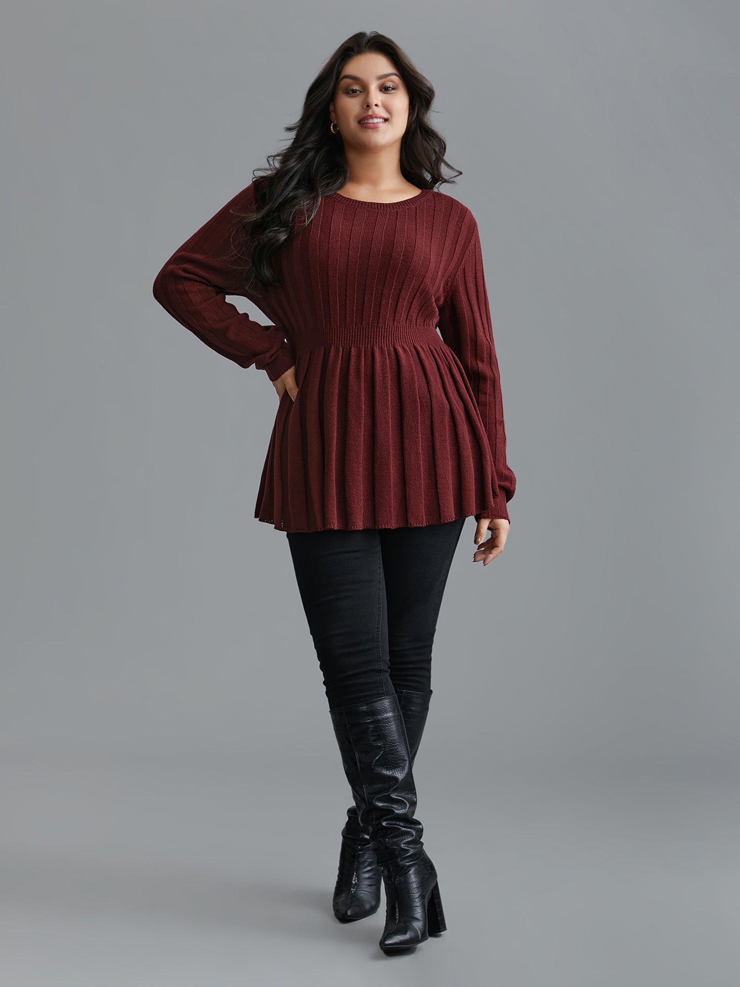 Plain Cable Knit Pleated Texture Pullover