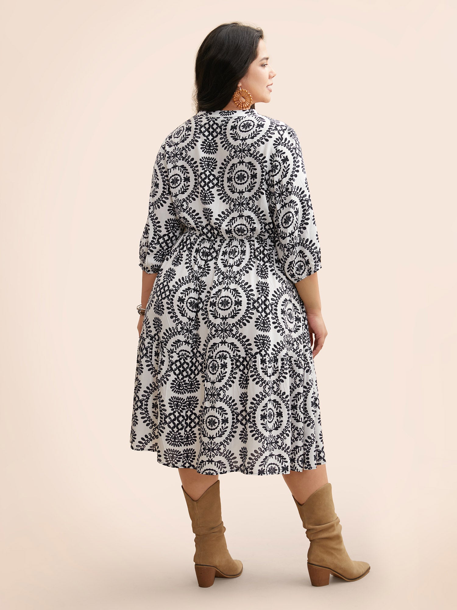 Boho Print Tie Knot Puff Sleeve Dress