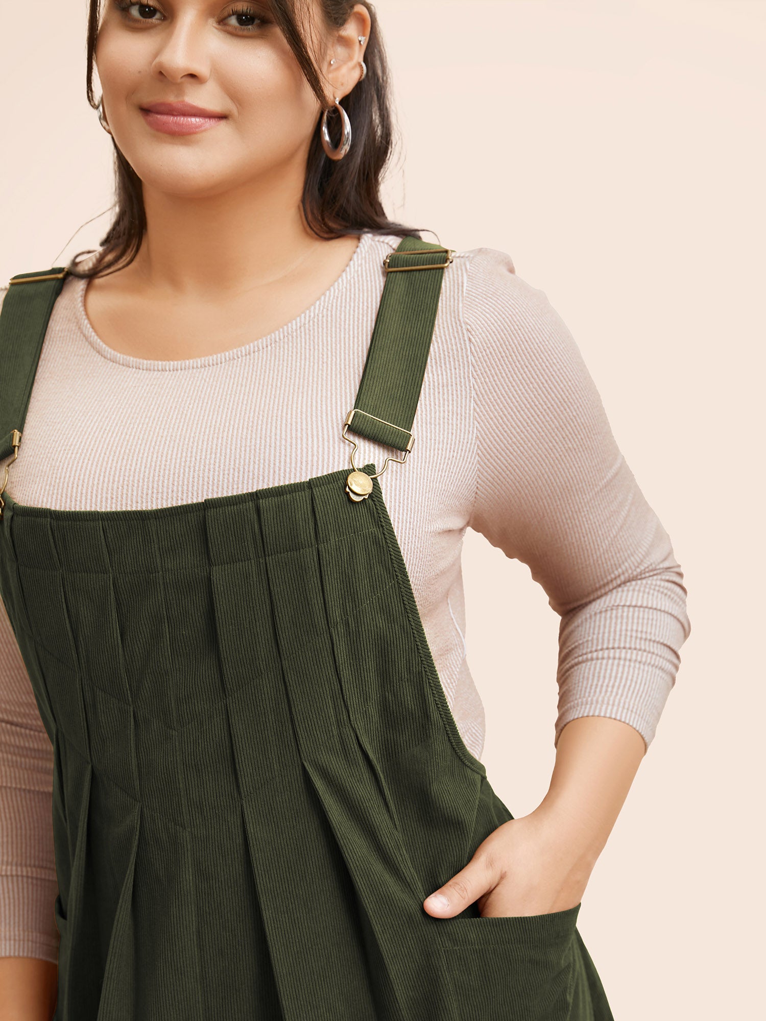 Solid Corduroy Pleated Overall Dress