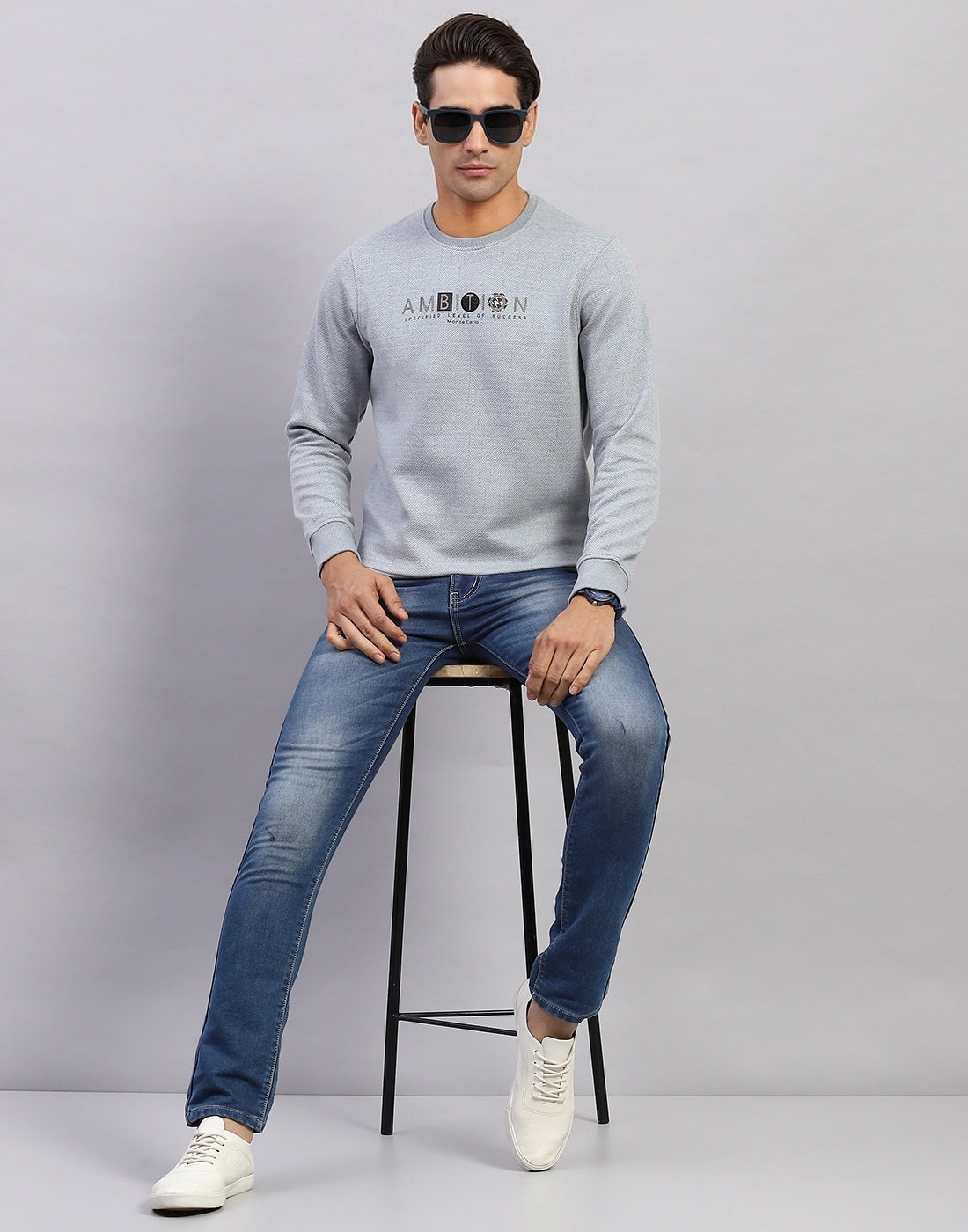 Men Blue Printed Round Neck Full Sleeve Winter T-Shirt