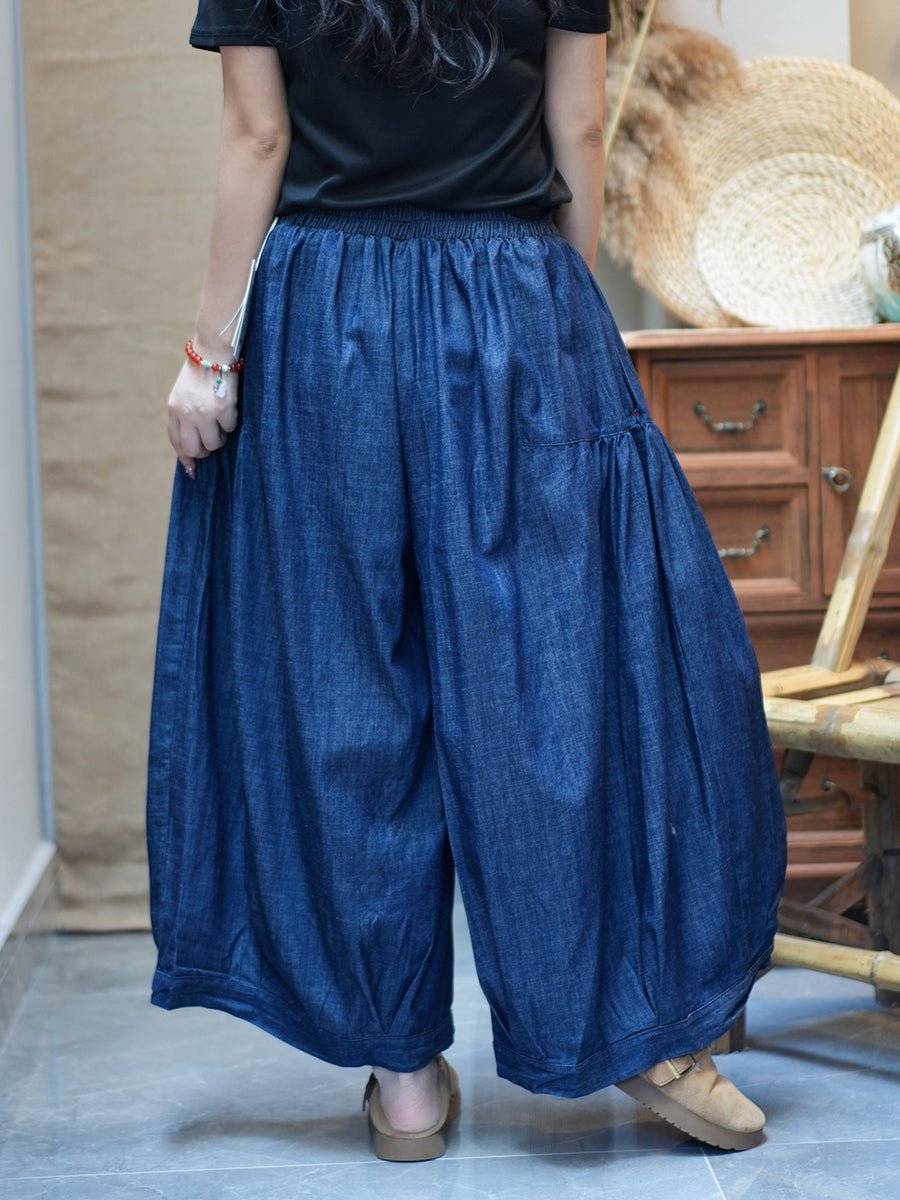 Women Casual Summer Pure Color Denim Wide-leg Pants