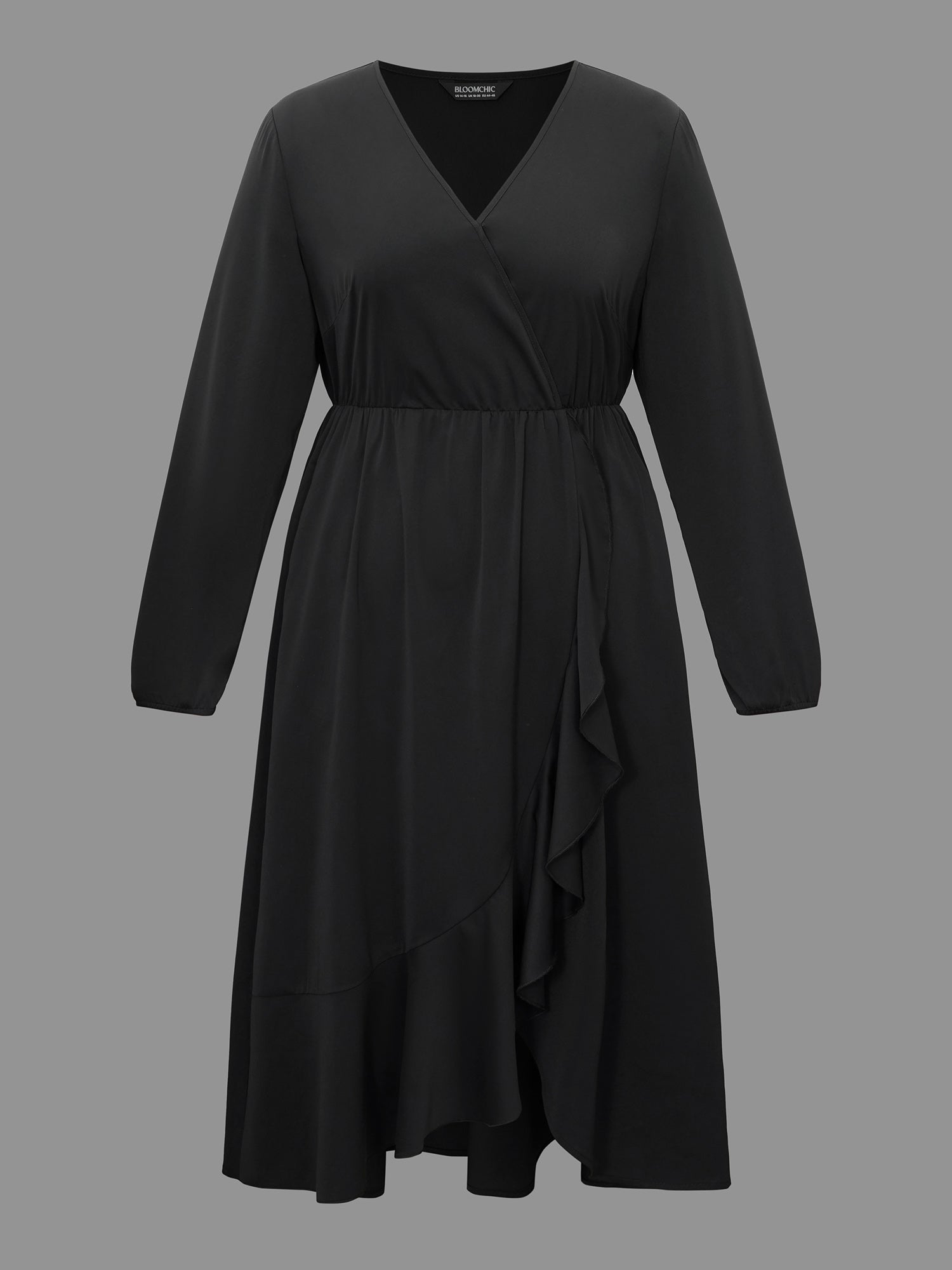 Plain Overlap Collar Ruffle Trim Dress