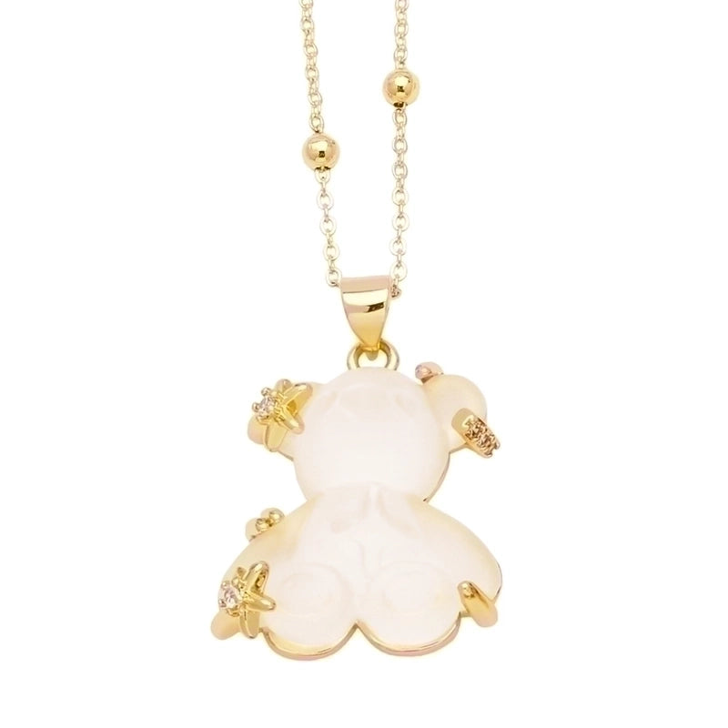 Copper Gold Plated Cute Minimalist Bear Inlay Resin Zircon Pendant Necklace