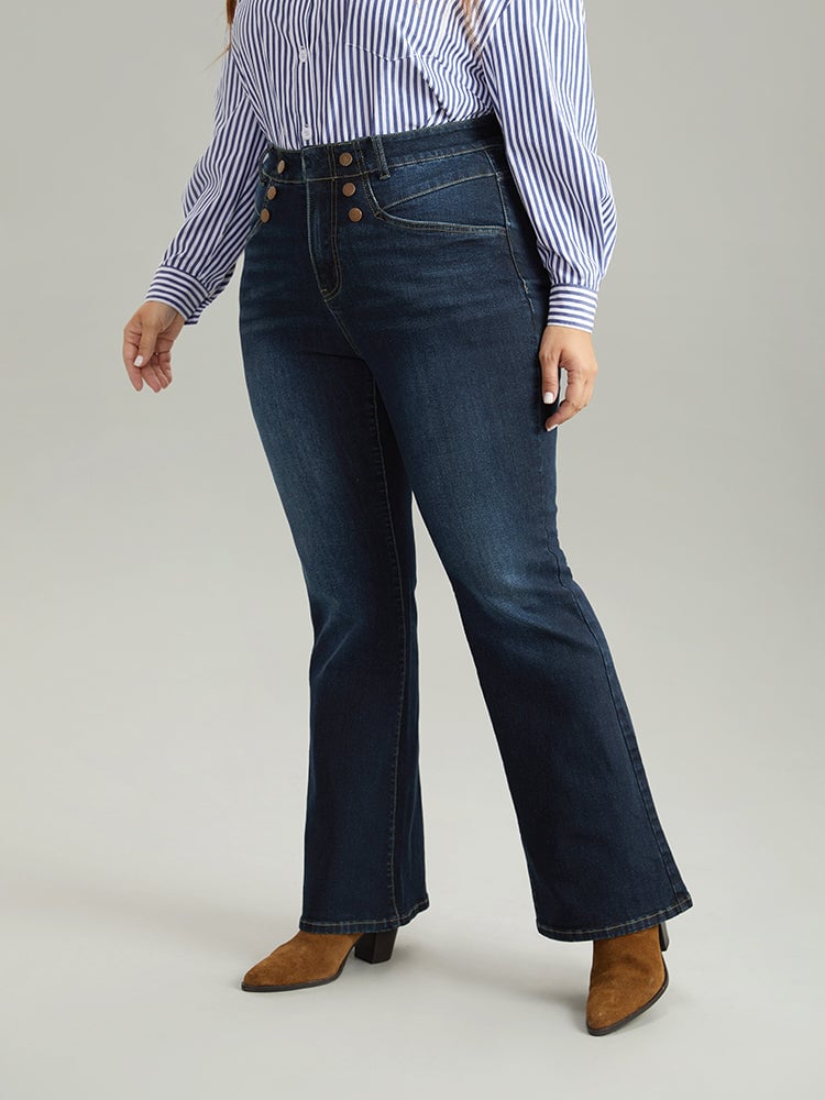 Flare Leg Button Detail High Rise Jeans