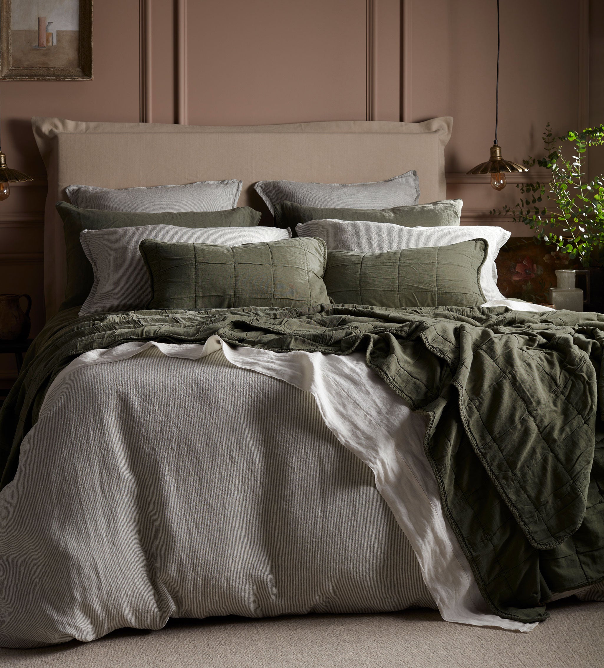 Olive Green Sid Stripe 100% Linen Oxford Pillowcase