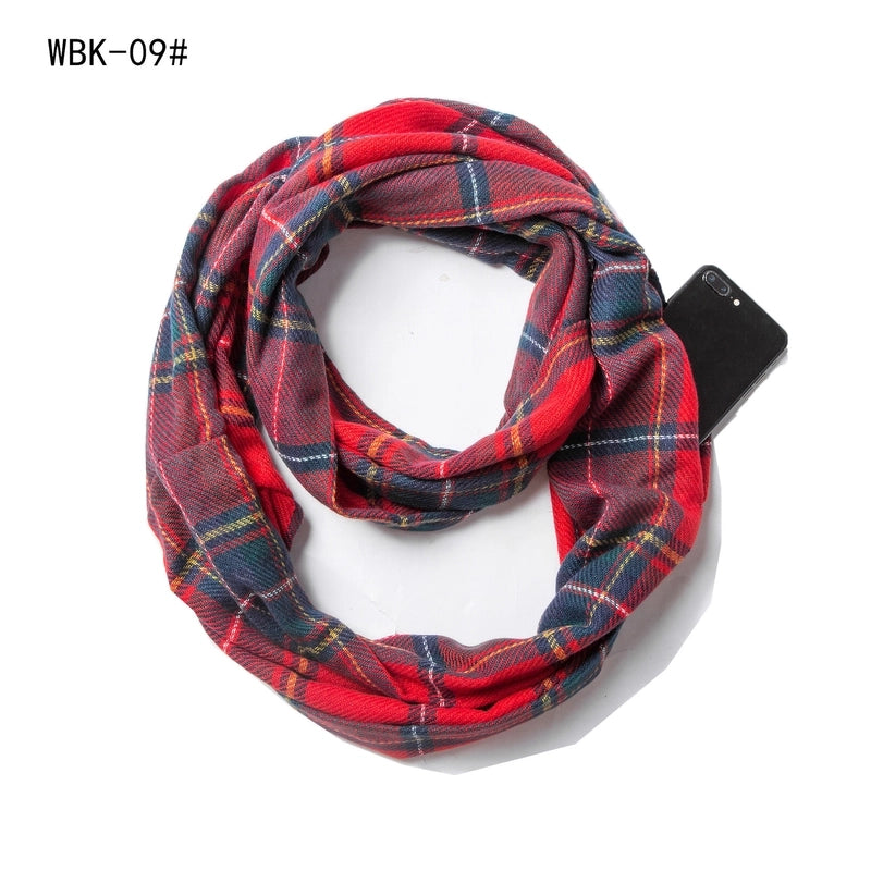 Hot Autumn And Winter New Scarf Men And Women Couple Thickened Pullover Plaid Zipper Pocket Scarf