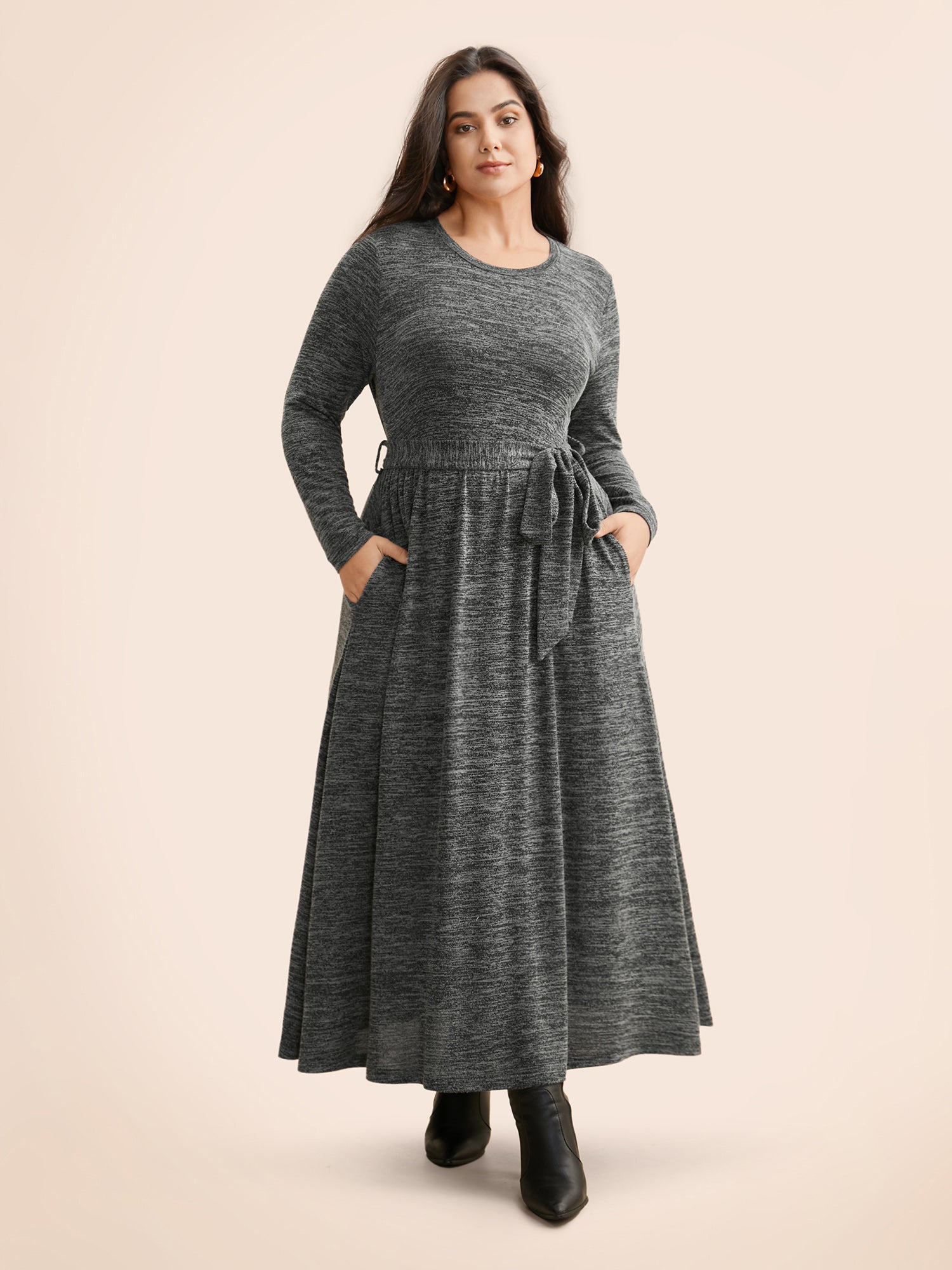 Round Neck Heather Belted Dress