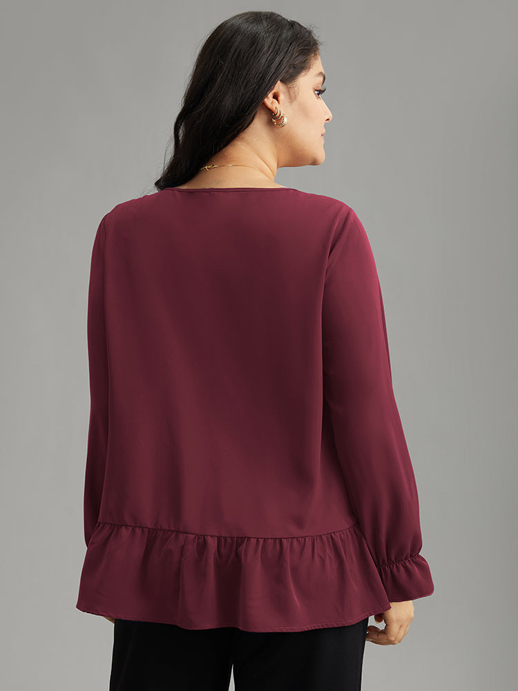 Static-Free Plain Pleated Ruffles Lantern Sleeve Blouse