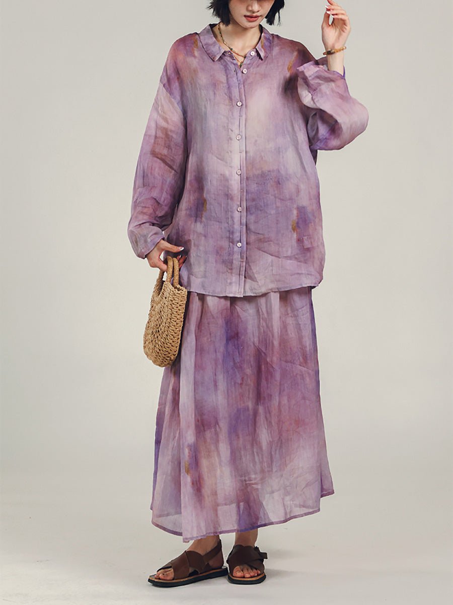Women Summer Artsy Tie-dye Turn-down Collar 100%Ramie Shirt