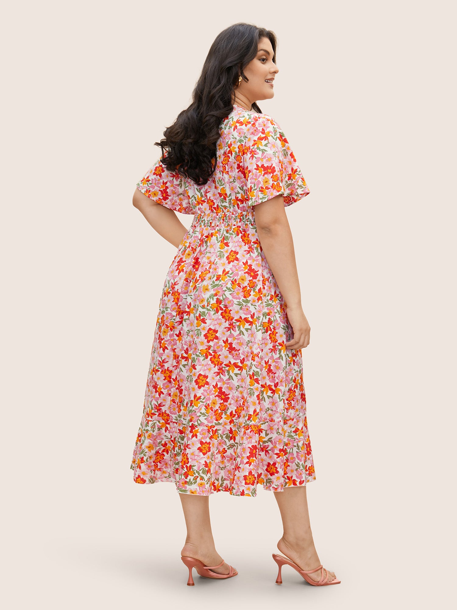 Floral Shirred Wrap Hem Ruffle Sleeve Midi Dress