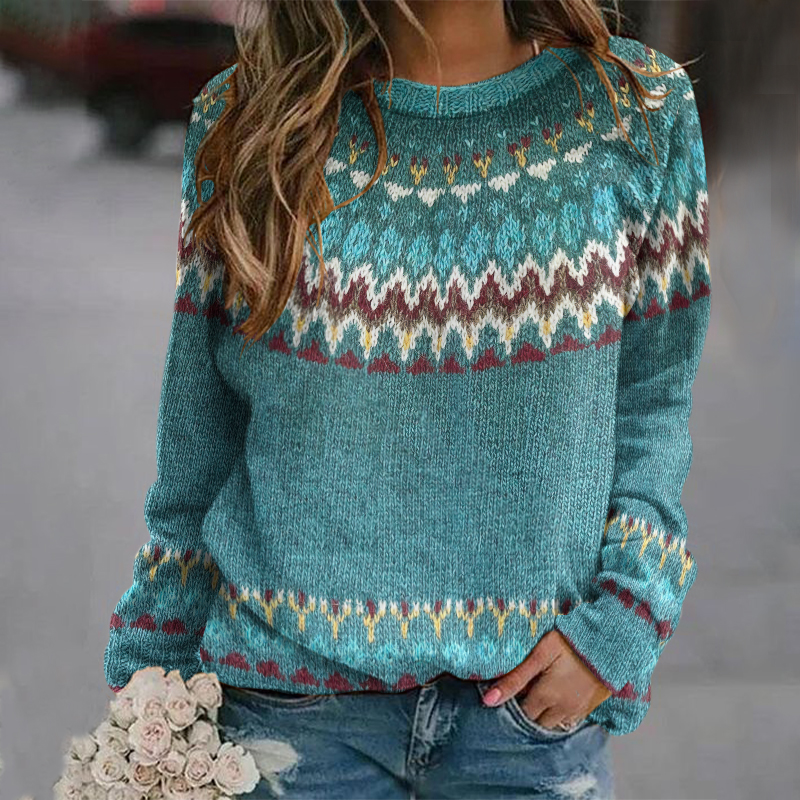 Retro Wave Pattern Contrast Jacquard Crew Neck Sweater