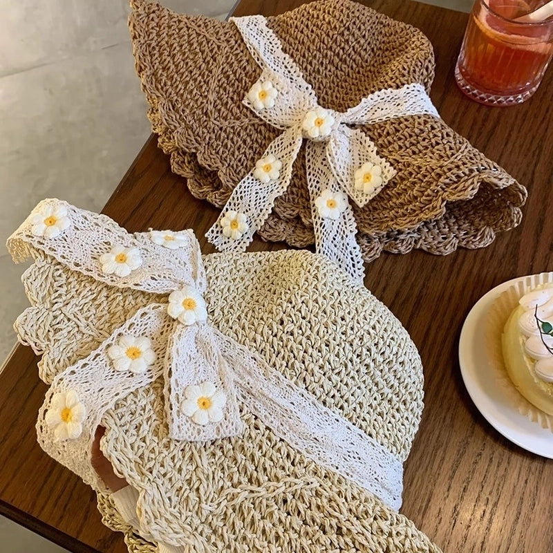 Women's Casual Elegant Flower Bow Knot Big Eaves Straw Hat