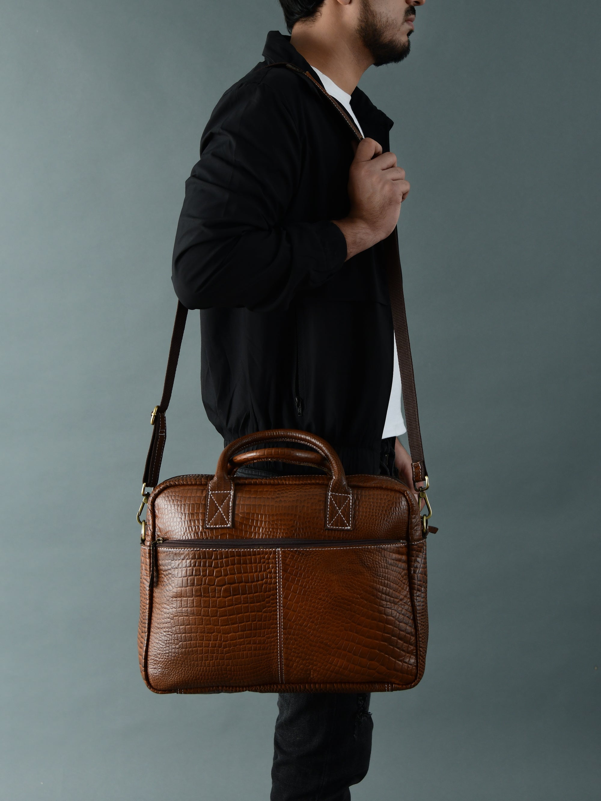 Laurent Slim Leather Briefcase- Brown