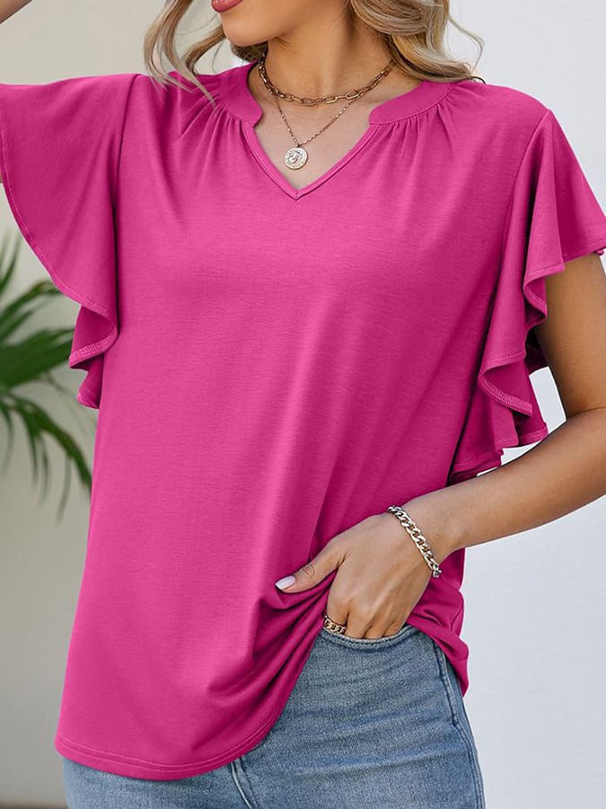 Solid V-neck Ruffled Short Sleeved Casual Top