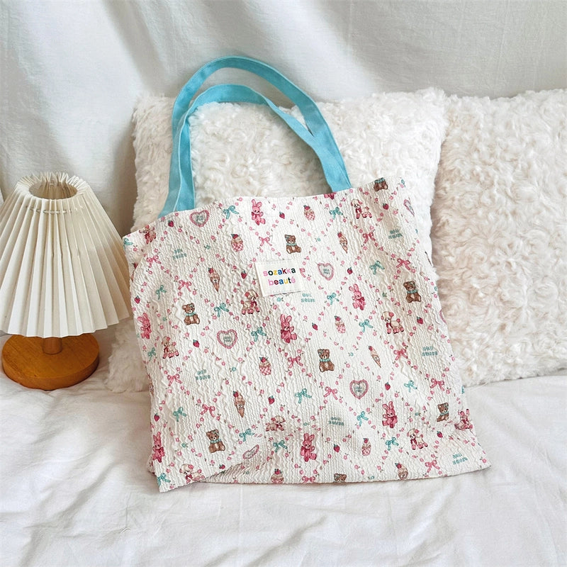 4431 Cute Sweet Printed Puppy Double Layer Canvas Bag Summer New Large Capacity Casual Portable Shoulder Bag