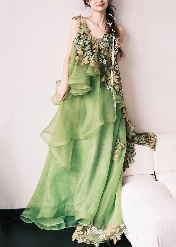 Stylish Green Embroidered Patchwork Silk Cotton Spaghetti Strap Dress Sleeveless