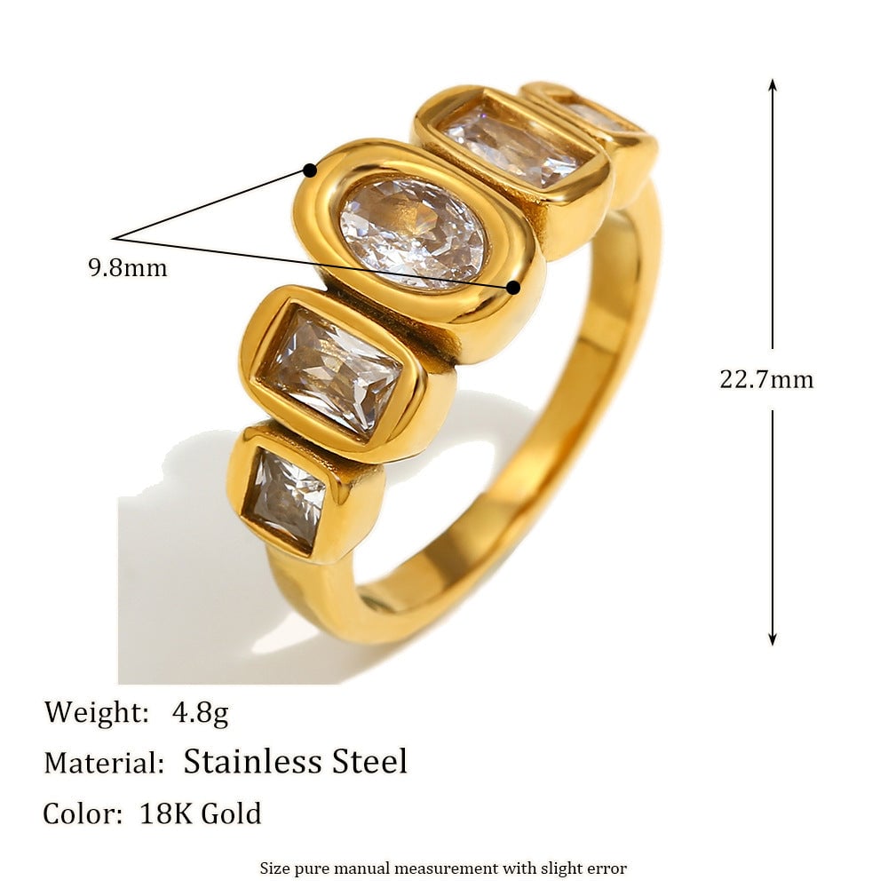 Ins Niche Design High-End Jewelry 316L Stainless Steel Plated 18K Gold Geometric Zircon Arrangement Ring
