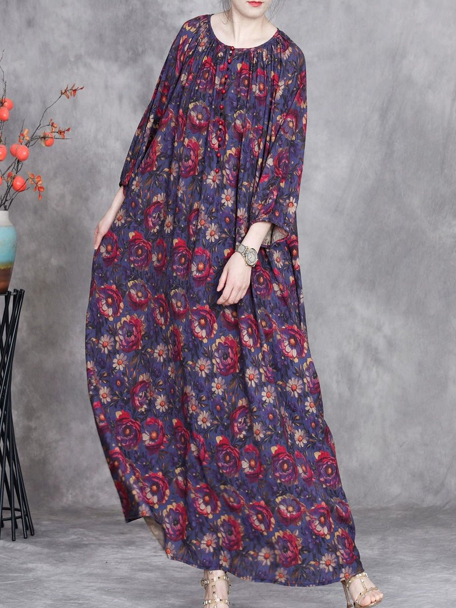Women Summer Artsy Flower O-Neck Maxi Dress