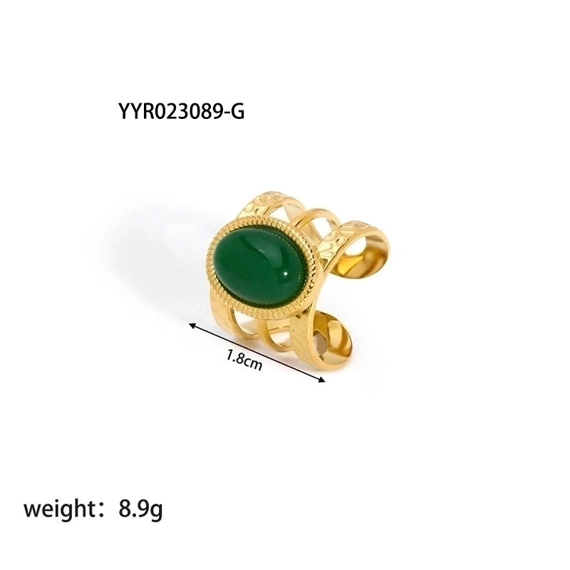 304 Stainless Steel 18K Gold Plated Retro Plating Inlay Heart Shape Solid Color Natural Stone Open Rings
