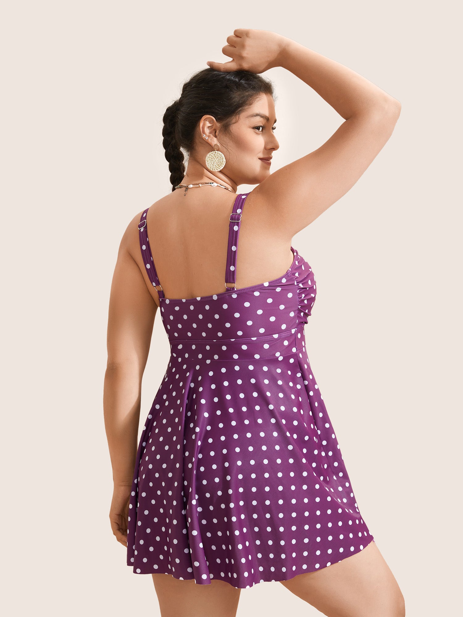 Polka Dot Crossover Ruched Flutter Hem Swim Dress