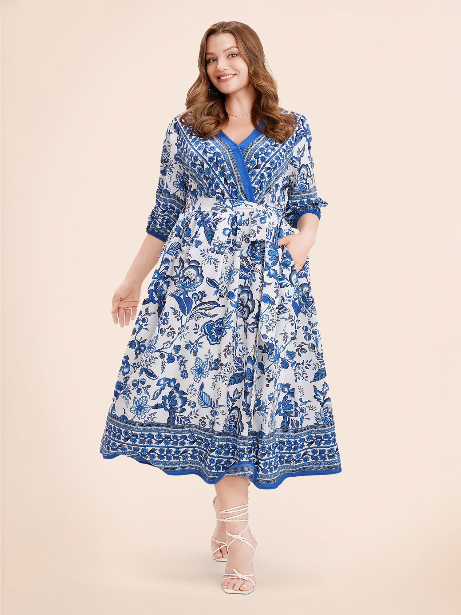 Bandana Print Surplice Neck Lantern Sleeve Pocket Belted Midi Dress