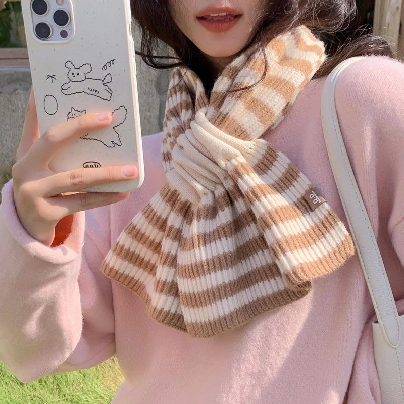 Wool Scarf Knitted Striped Cross Women's Autumn And Winter  Decorative Thickened Wool Blended Warm Scarf