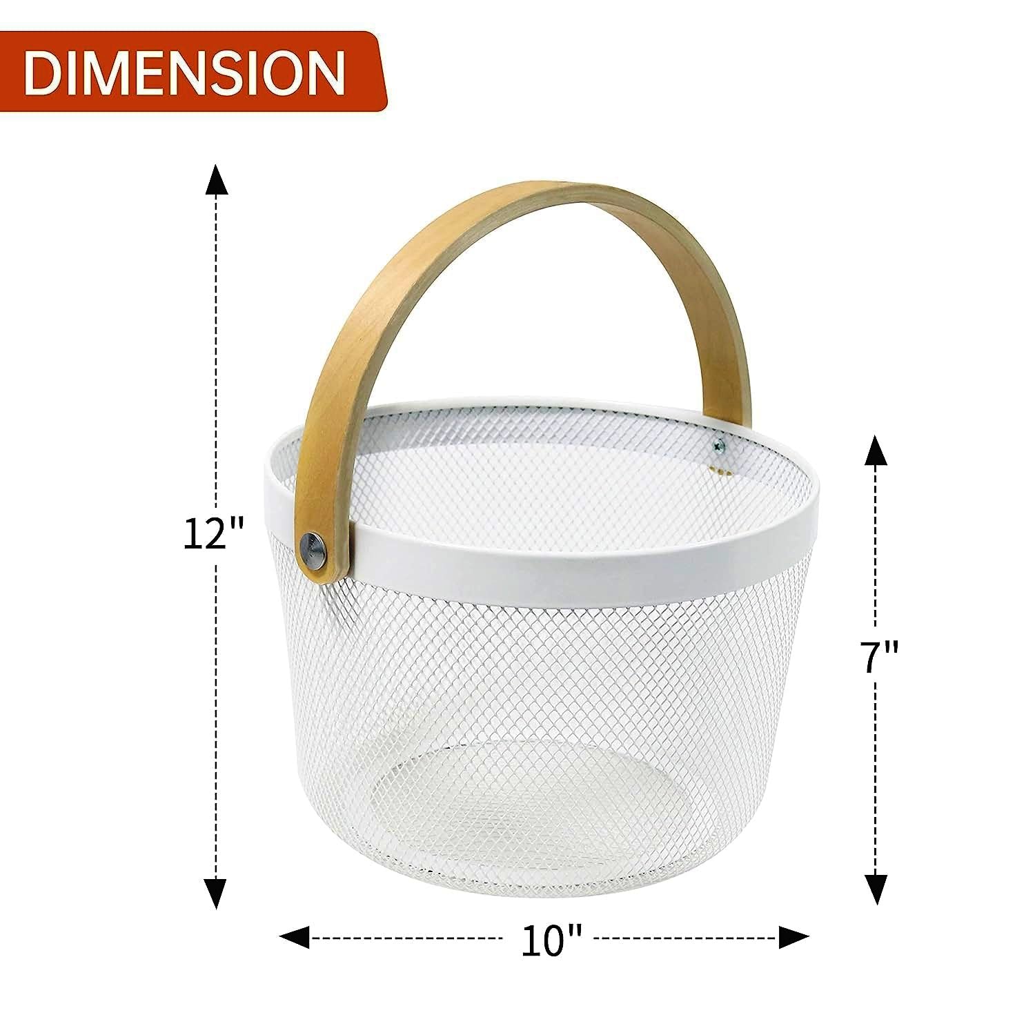 Mesh Steel Basket with Wooden Handle-Round Grey