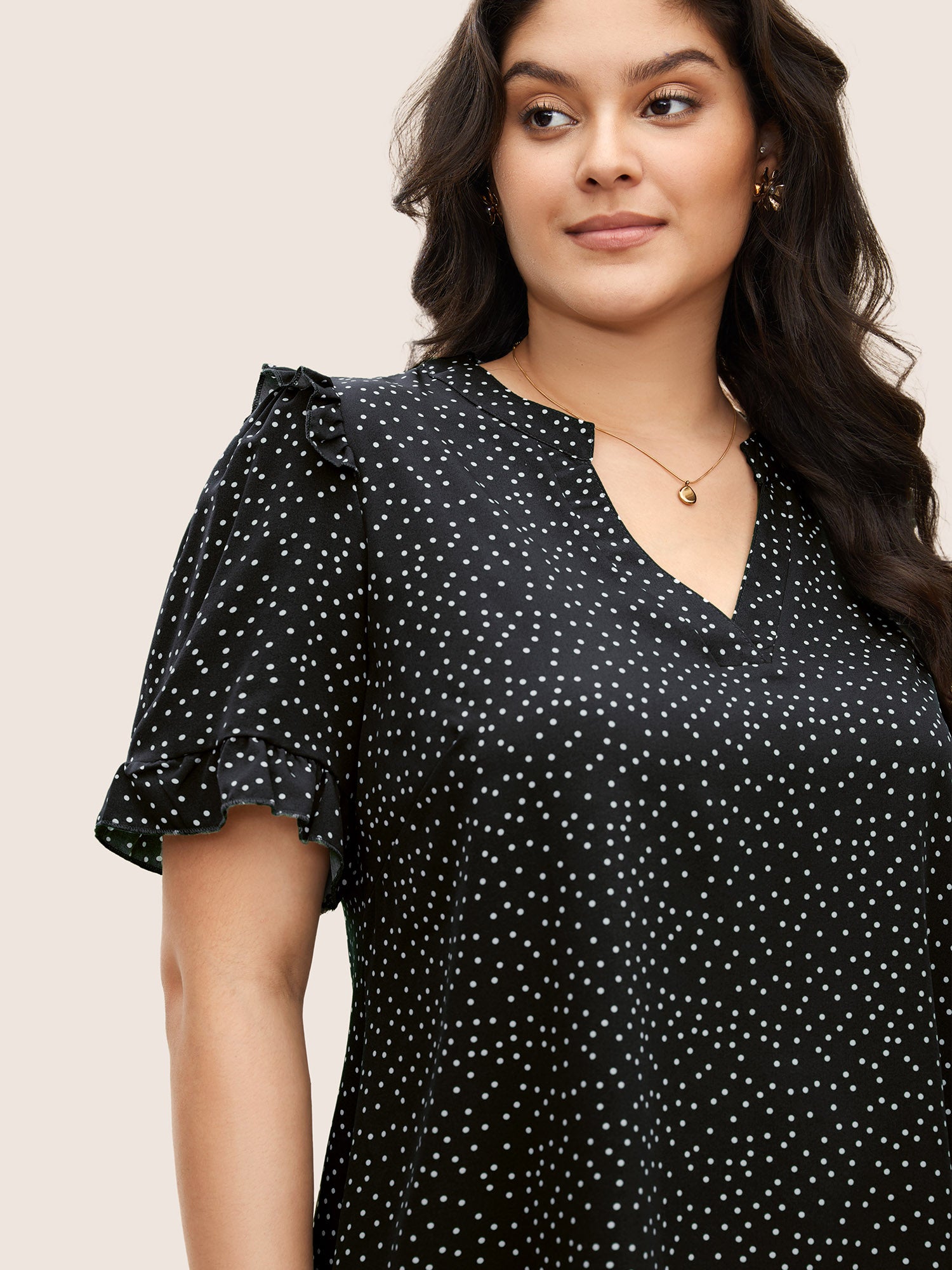 Polka Dot V Neck Ruffle Trim Blouse