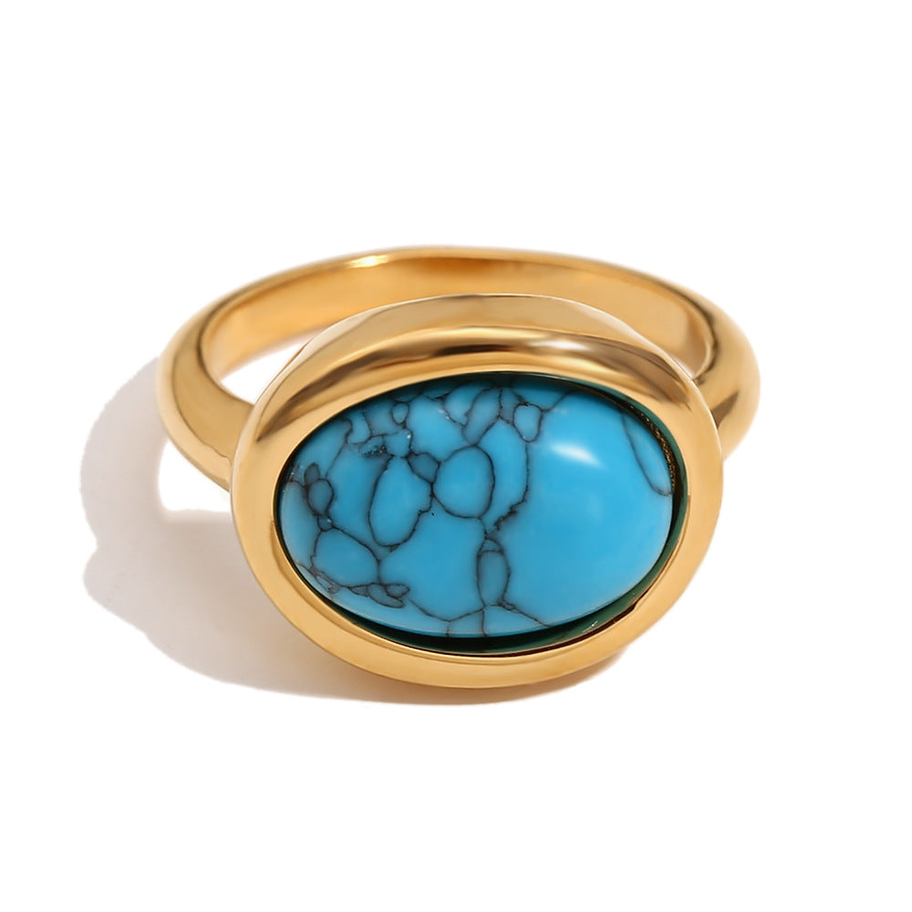Fashion Niche Retro Personality Hand Jewelry Stainless Steel Plated 18K Gold Simple Natural Stone Gemstone Ring