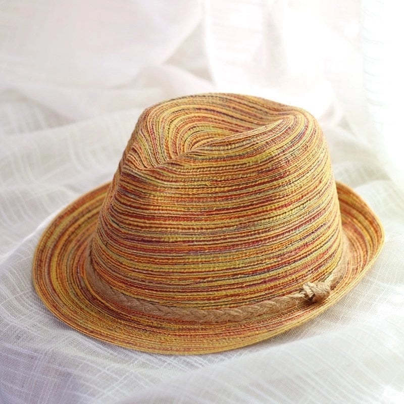Women's  Color Striped Jazz Hat Spring And Summer Travel Curled Edge Small Rim Hat Sunshade Hat Sunscreen Small Topper Hat