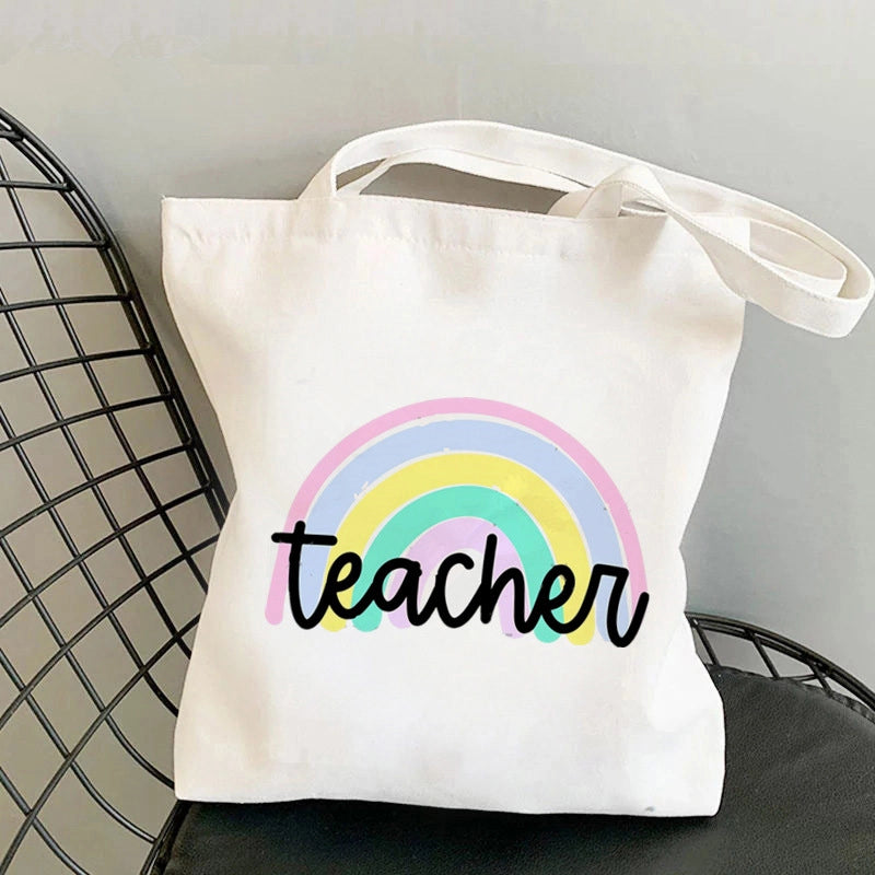 Hot Selling Kawaii Heart-shaped Printed Tote Bag For Teachers And Students One-shoulder Large Capacity White Cotton Bag