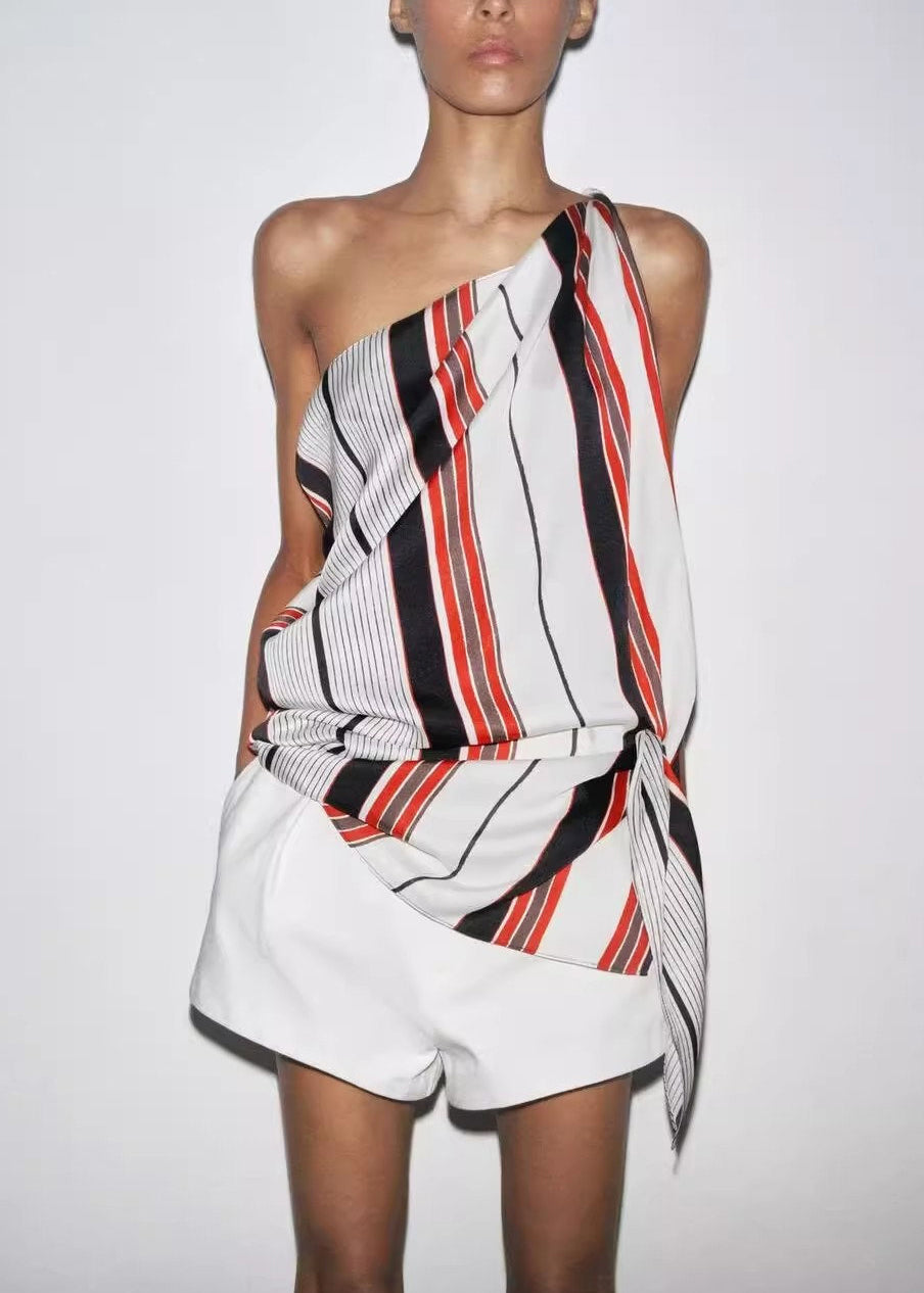 Chic Asymmetrical Striped Tie Waist Shirt Sleeveless
