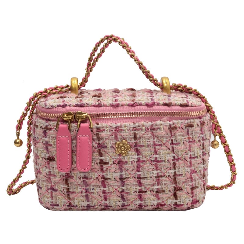 Women's Canvas Plaid Elegant Sewing Thread Square Zipper Shoulder Bag Crossbody Bag Square Bag