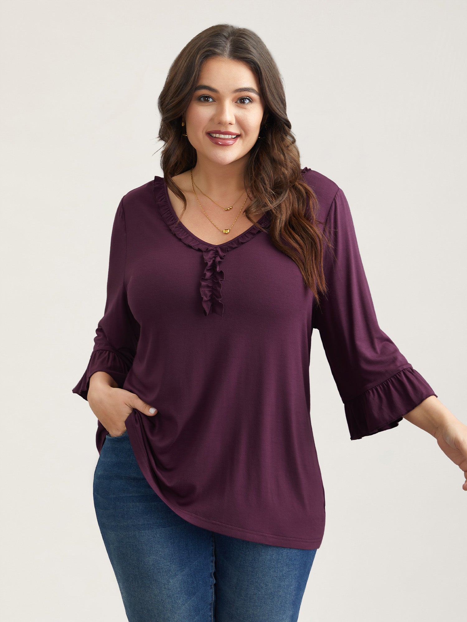 Wood-Ear Collar Ruffled Sleeve Top