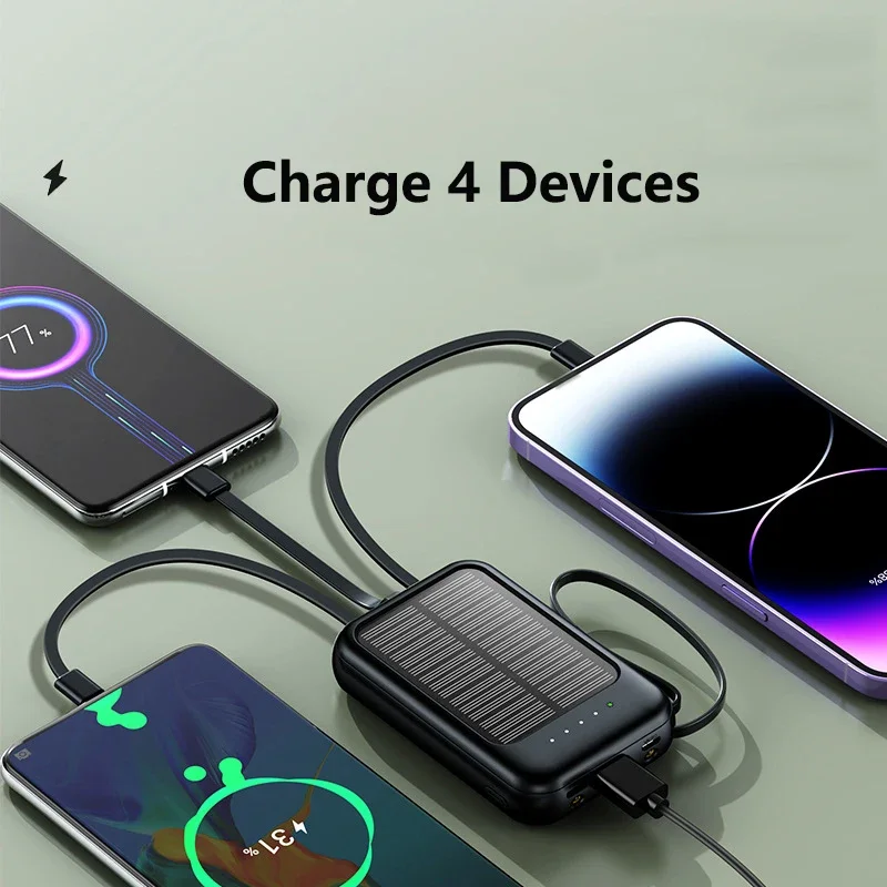50000mAh Solar Power Bank Built-in Cable Solar Charger 2 USB Ports External Charger Power Bank with LED Light For iPhone Xiaomi